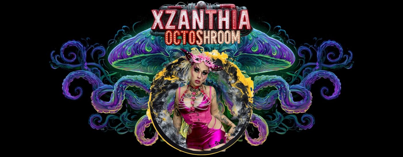 XZanthia in a pink corset framed by glowing purple and teal tentacles and giant mushrooms