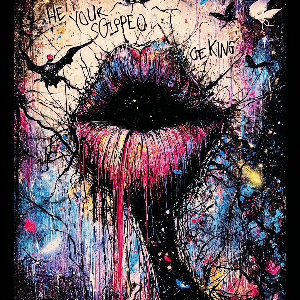 Dense paint-splattered journal ink page by XZanthia — big eyes, hearts and hand-lettered phrases (piece 1 of 24)