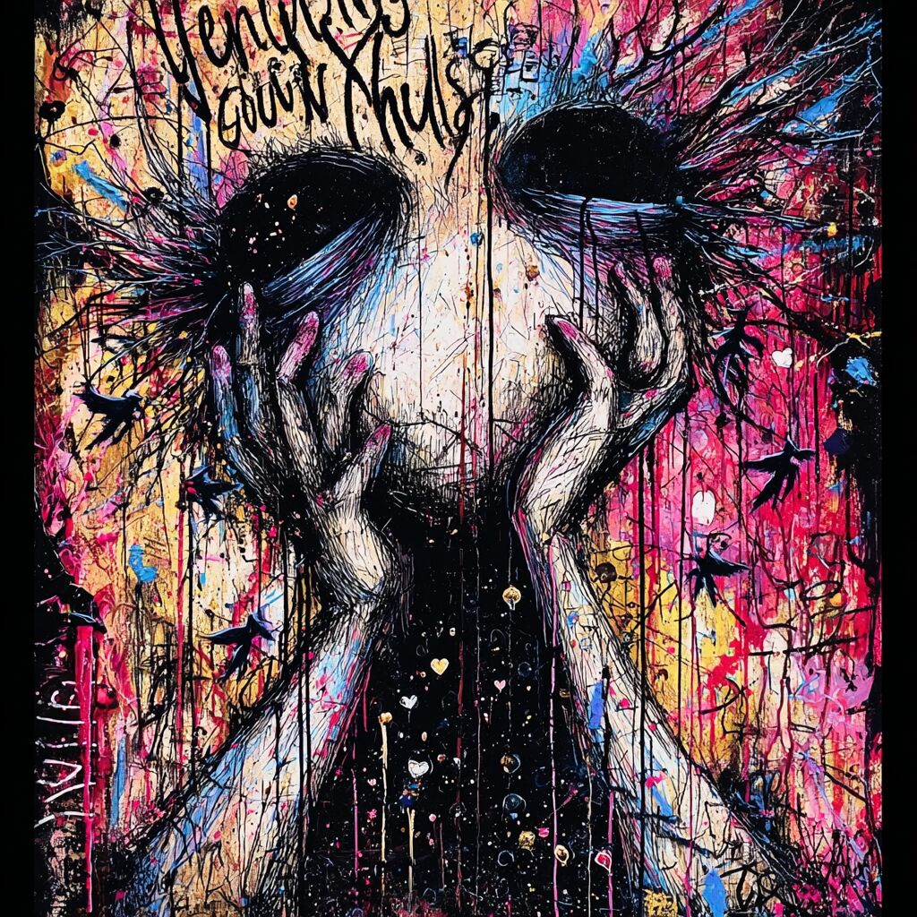 Dense paint-splattered journal ink page by XZanthia — big eyes, hearts and hand-lettered phrases (piece 2 of 24)