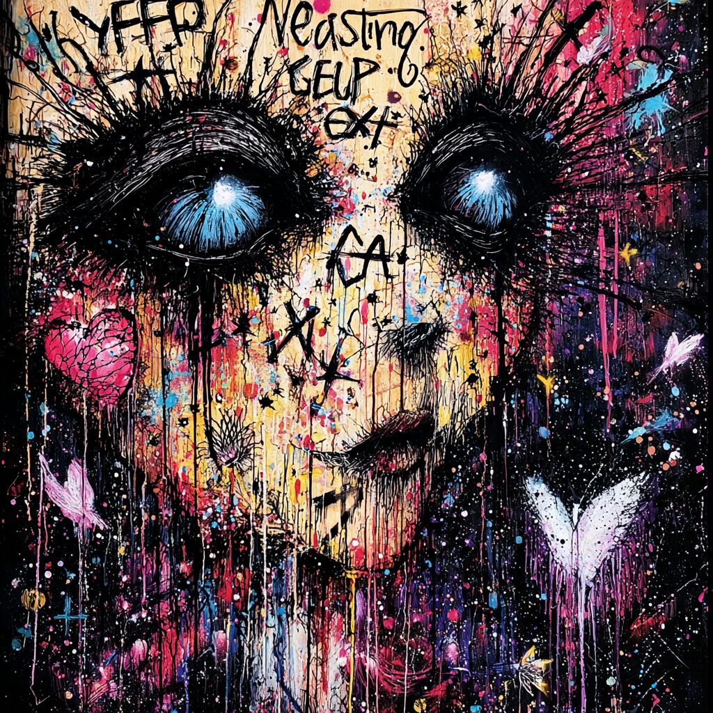 Dense paint-splattered journal ink page by XZanthia — big eyes, hearts and hand-lettered phrases (piece 3 of 24)