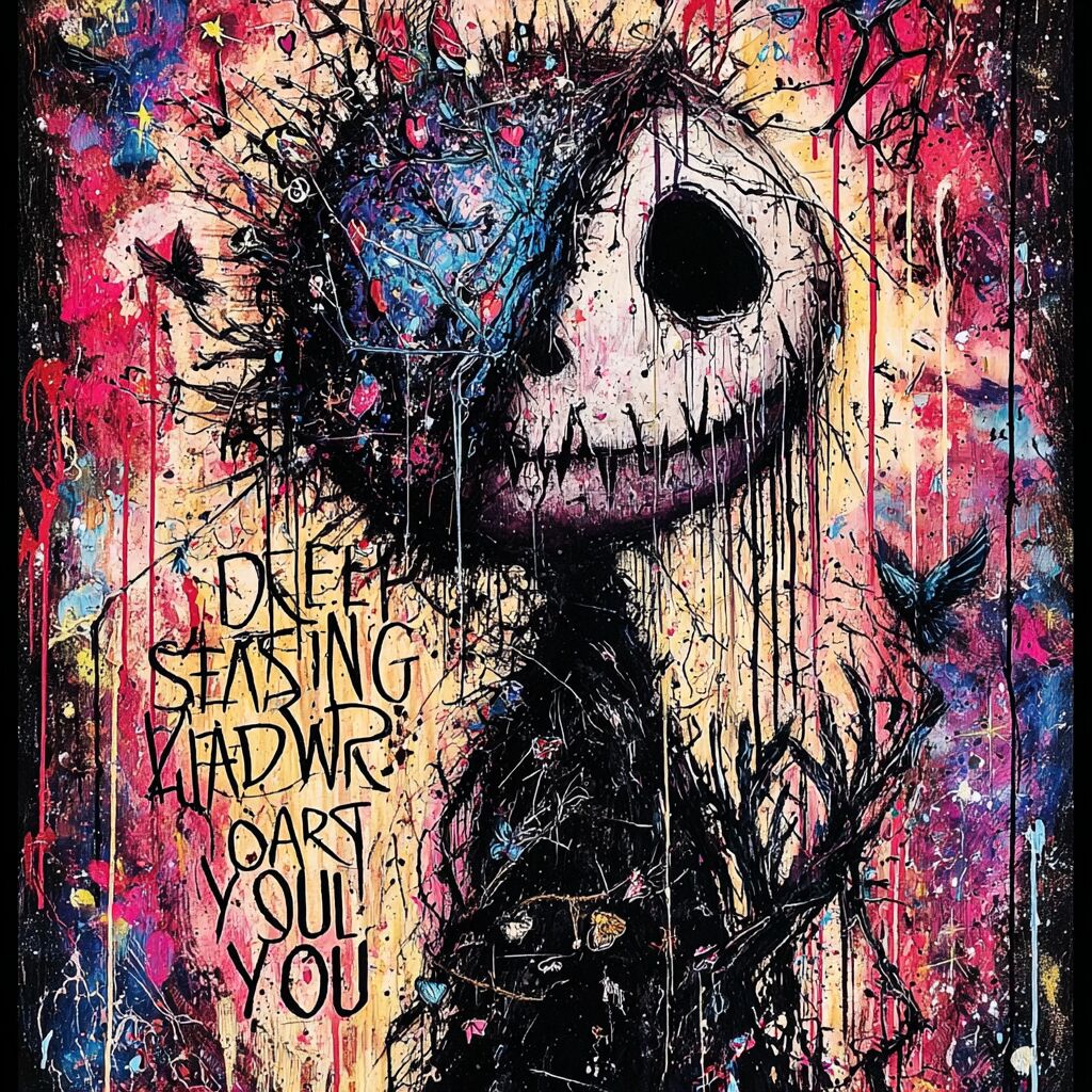 Dense paint-splattered journal ink page by XZanthia — big eyes, hearts and hand-lettered phrases (piece 4 of 24)