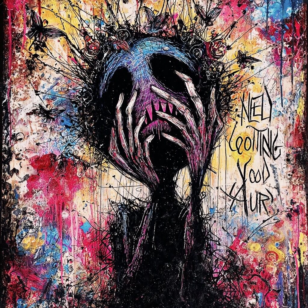 Dense paint-splattered journal ink page by XZanthia — big eyes, hearts and hand-lettered phrases (piece 5 of 24)