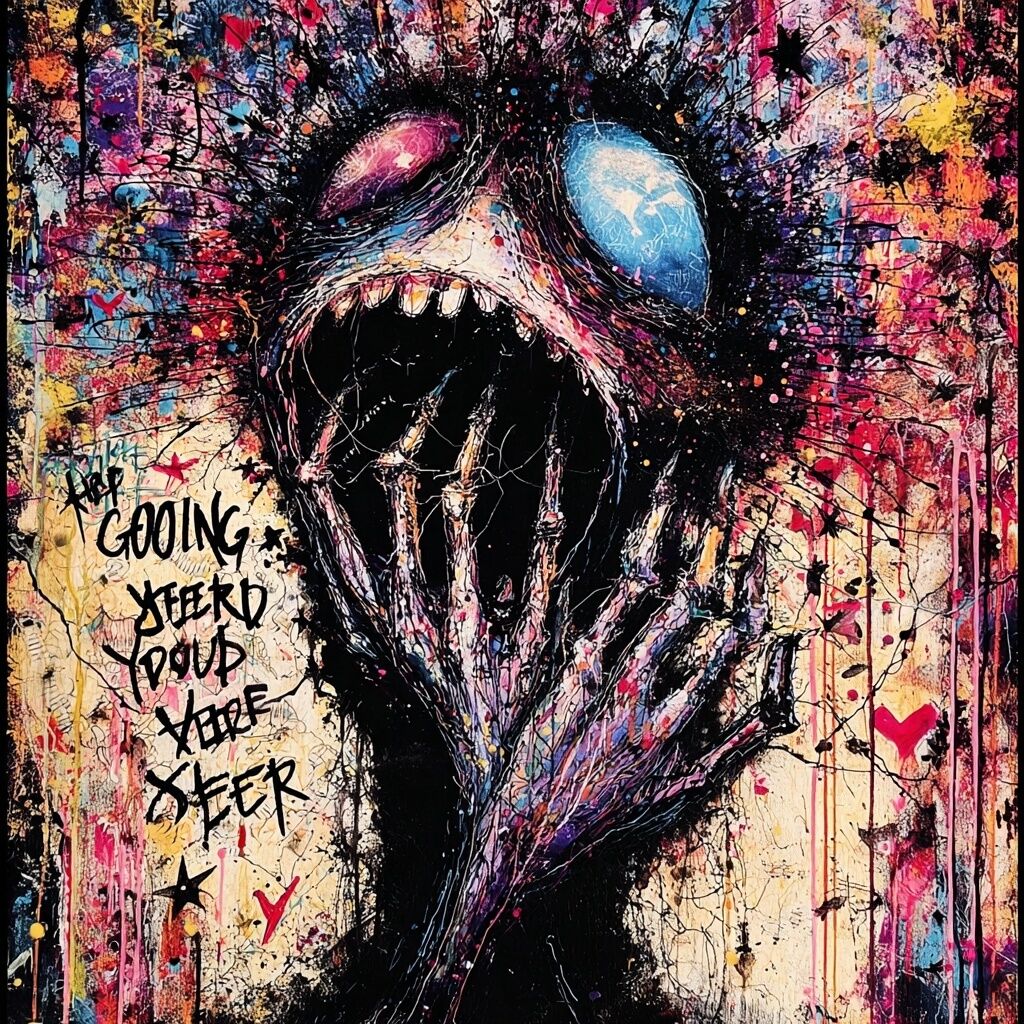 Dense paint-splattered journal ink page by XZanthia — big eyes, hearts and hand-lettered phrases (piece 6 of 24)