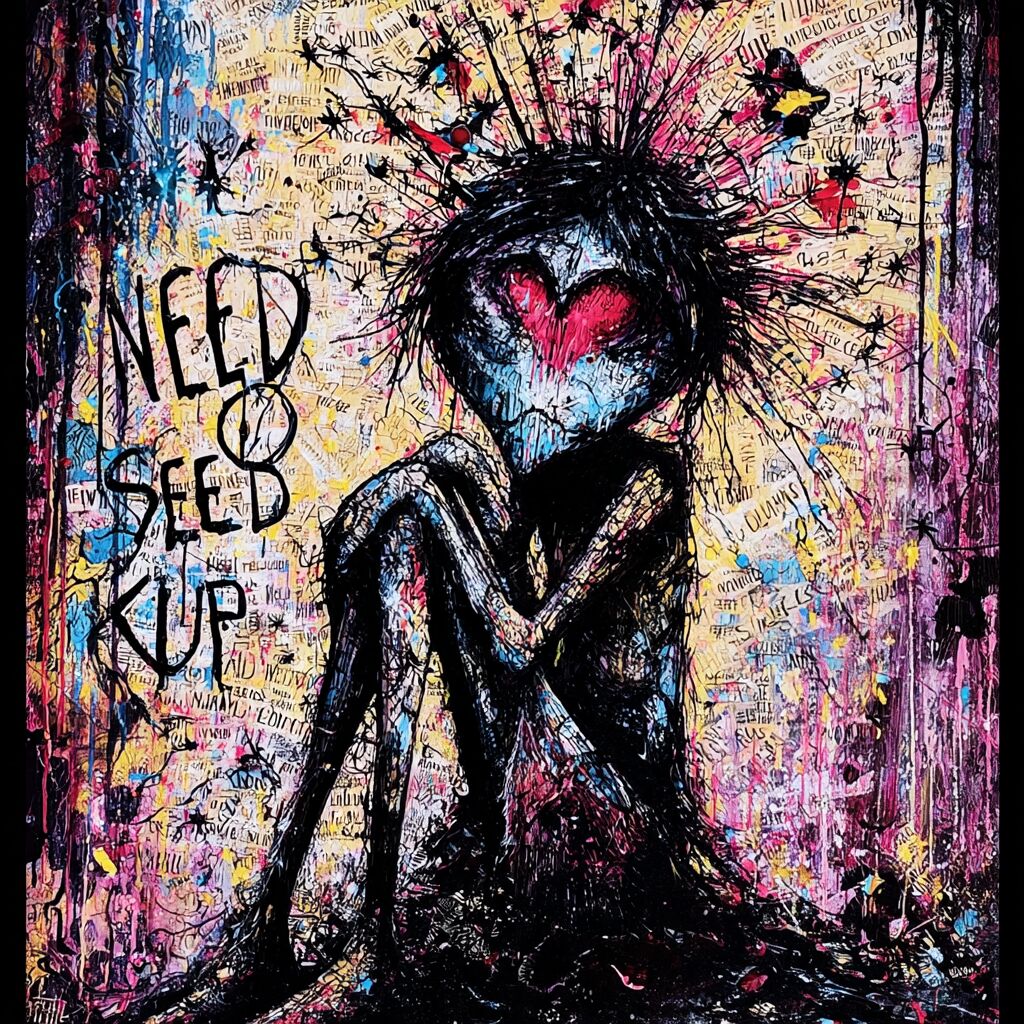 Dense paint-splattered journal ink page by XZanthia — big eyes, hearts and hand-lettered phrases (piece 7 of 24)