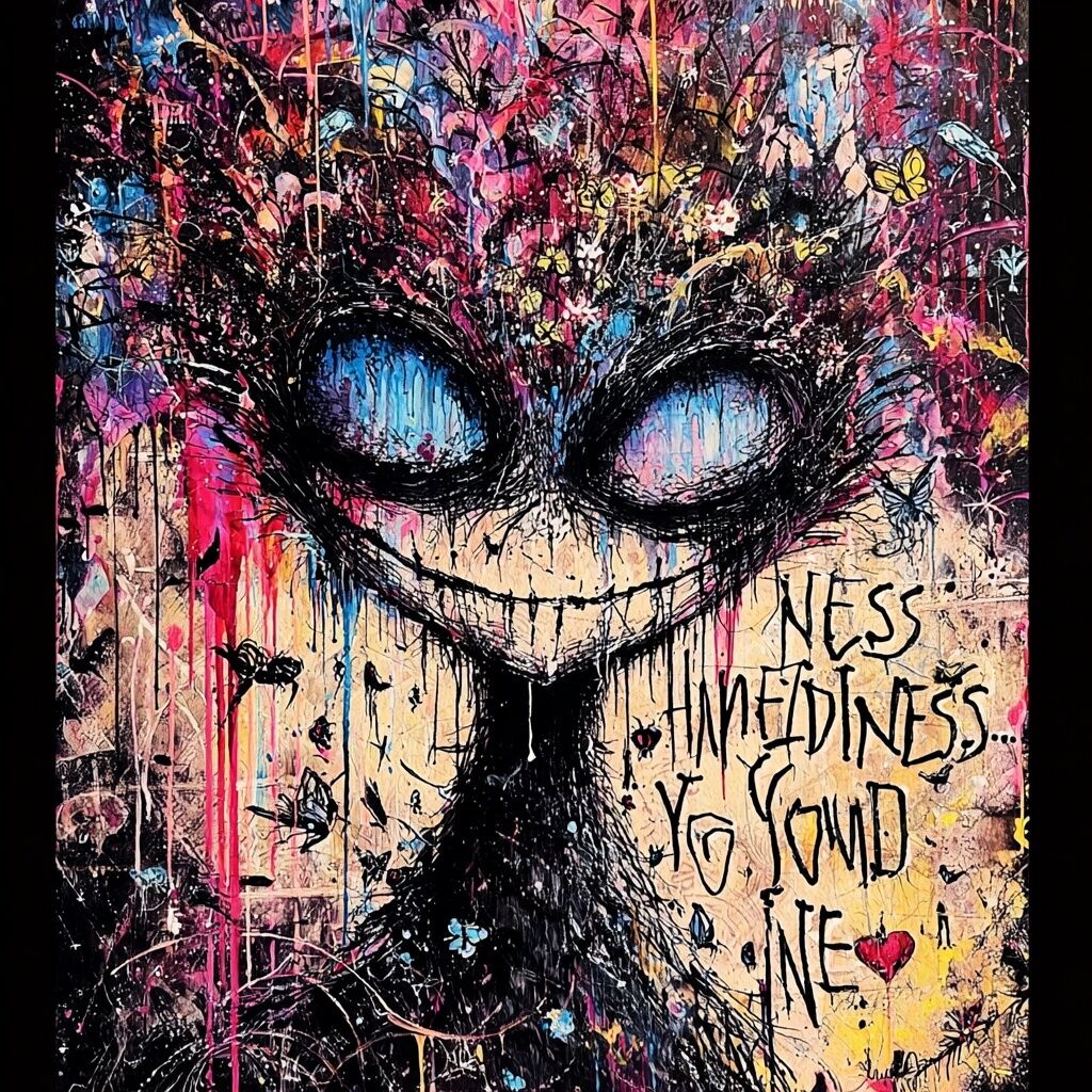 Dense paint-splattered journal ink page by XZanthia — big eyes, hearts and hand-lettered phrases (piece 8 of 24)