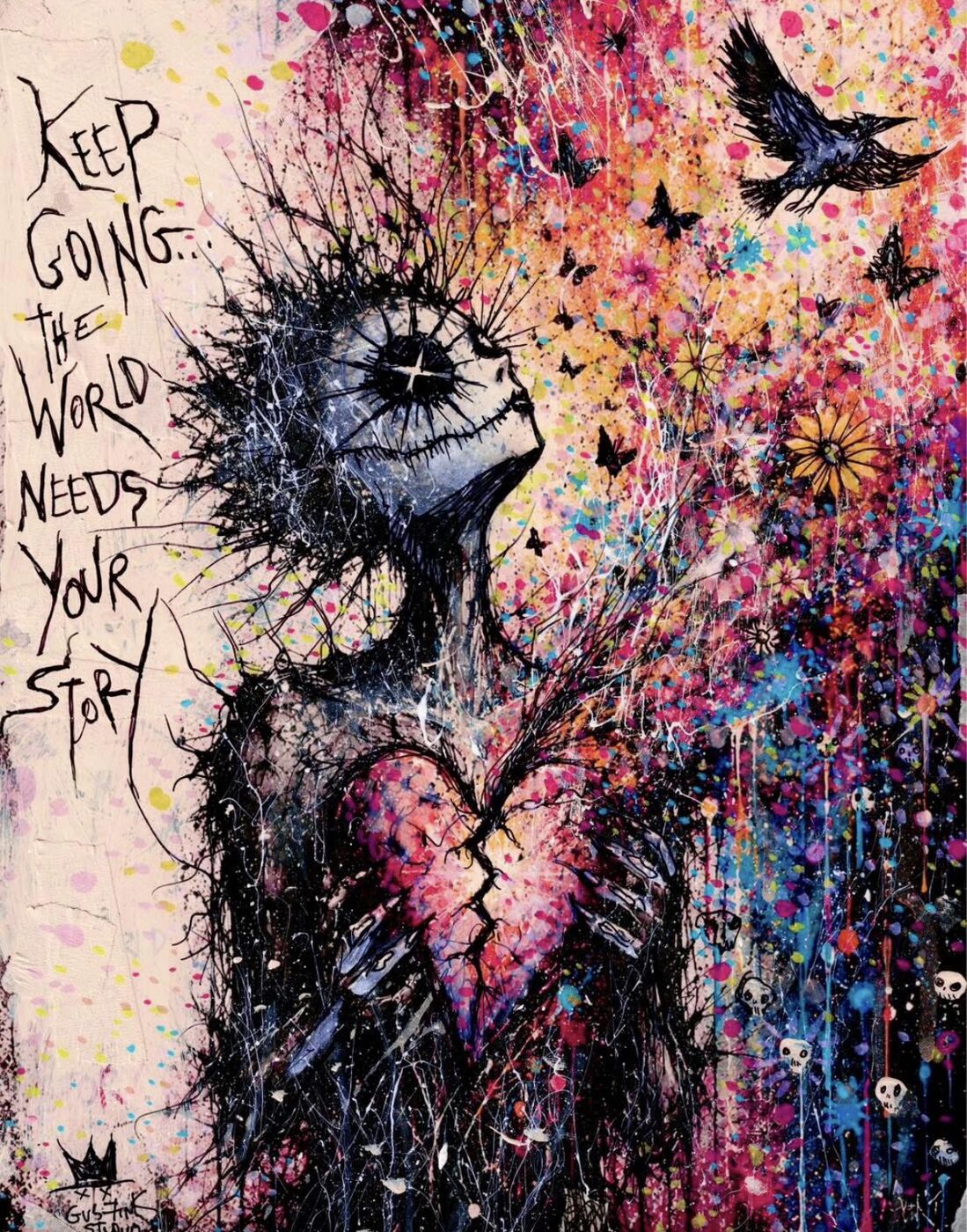 Dense paint-splattered journal ink page by XZanthia — big eyes, hearts and hand-lettered phrases (piece 9 of 24)