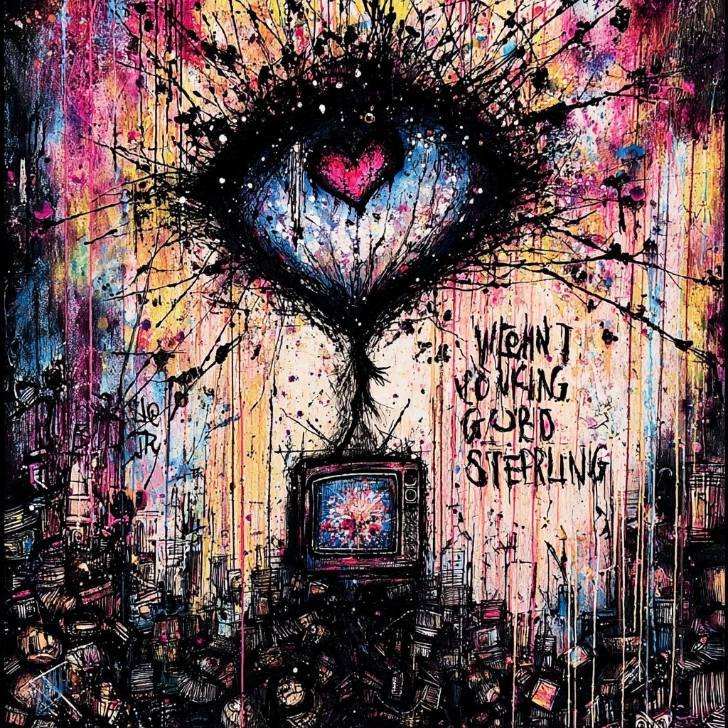 Dense paint-splattered journal ink page by XZanthia — big eyes, hearts and hand-lettered phrases (piece 10 of 24)