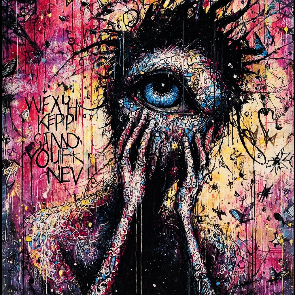 Dense paint-splattered journal ink page by XZanthia — big eyes, hearts and hand-lettered phrases (piece 11 of 24)