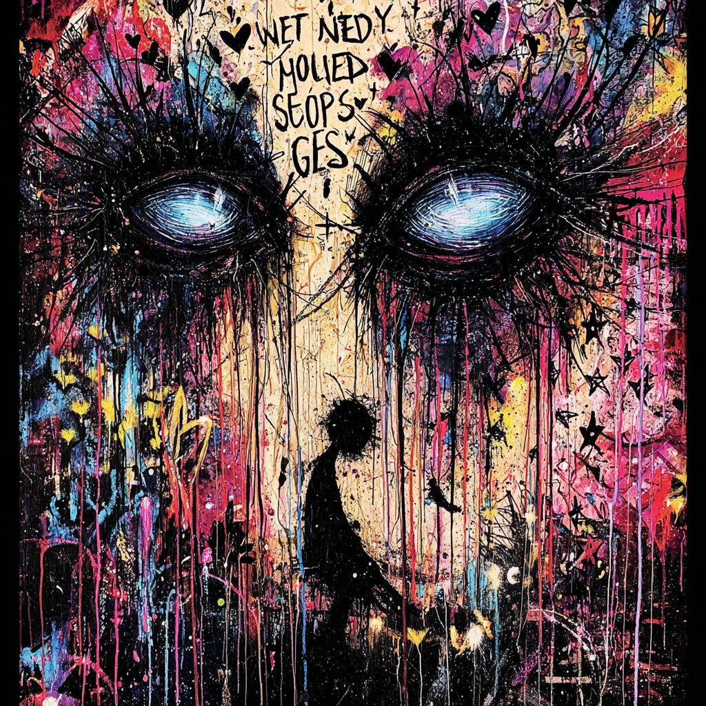 Dense paint-splattered journal ink page by XZanthia — big eyes, hearts and hand-lettered phrases (piece 12 of 24)