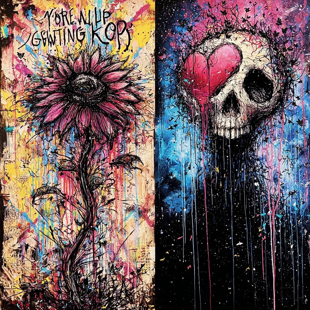 Dense paint-splattered journal ink page by XZanthia — big eyes, hearts and hand-lettered phrases (piece 13 of 24)