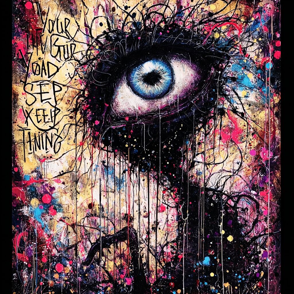 Dense paint-splattered journal ink page by XZanthia — big eyes, hearts and hand-lettered phrases (piece 14 of 24)