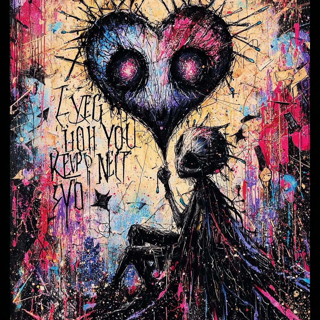 Dense paint-splattered journal ink page by XZanthia — big eyes, hearts and hand-lettered phrases (piece 15 of 24)