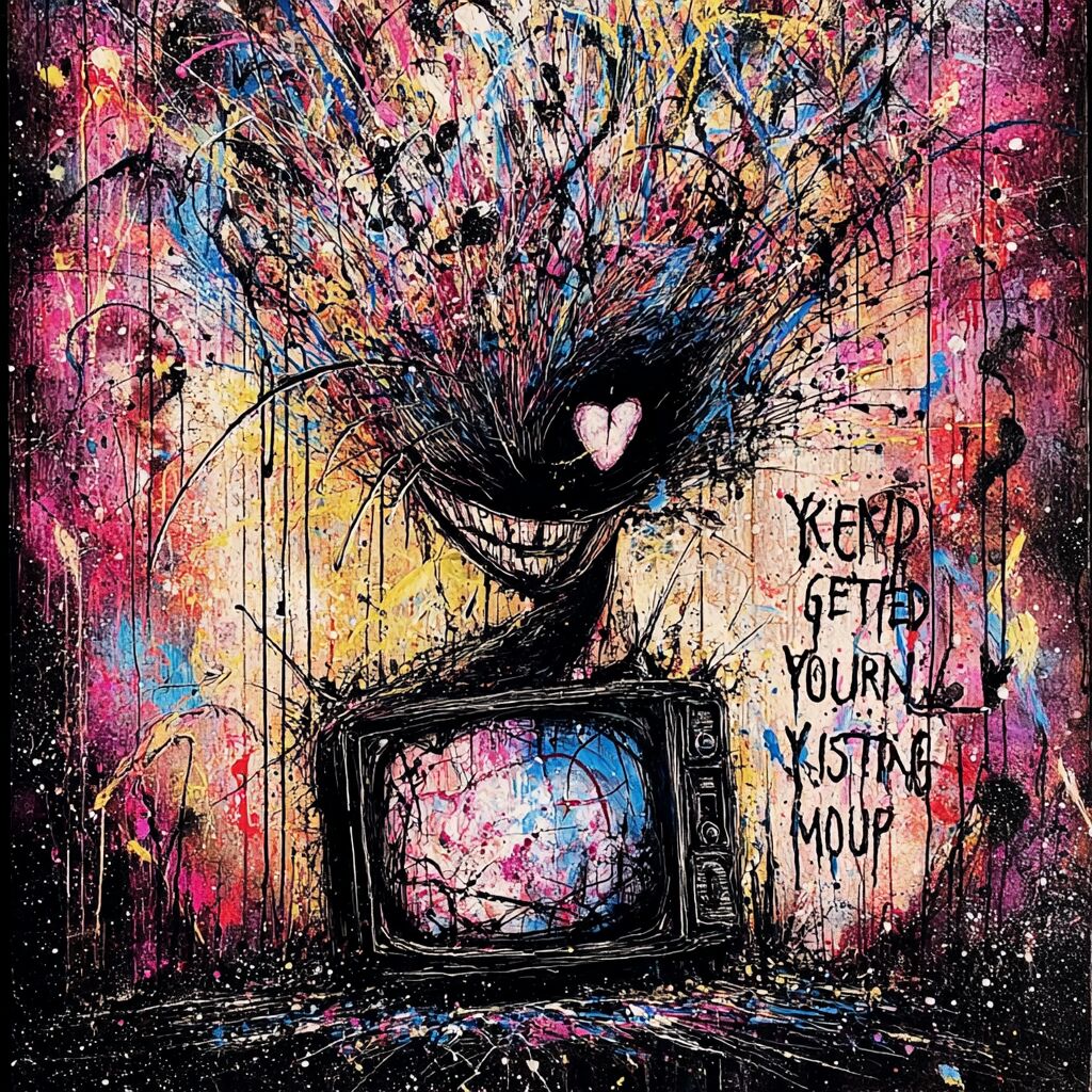 Dense paint-splattered journal ink page by XZanthia — big eyes, hearts and hand-lettered phrases (piece 16 of 24)