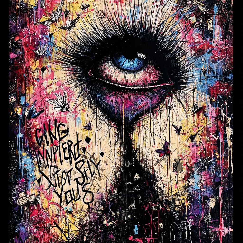 Dense paint-splattered journal ink page by XZanthia — big eyes, hearts and hand-lettered phrases (piece 17 of 24)