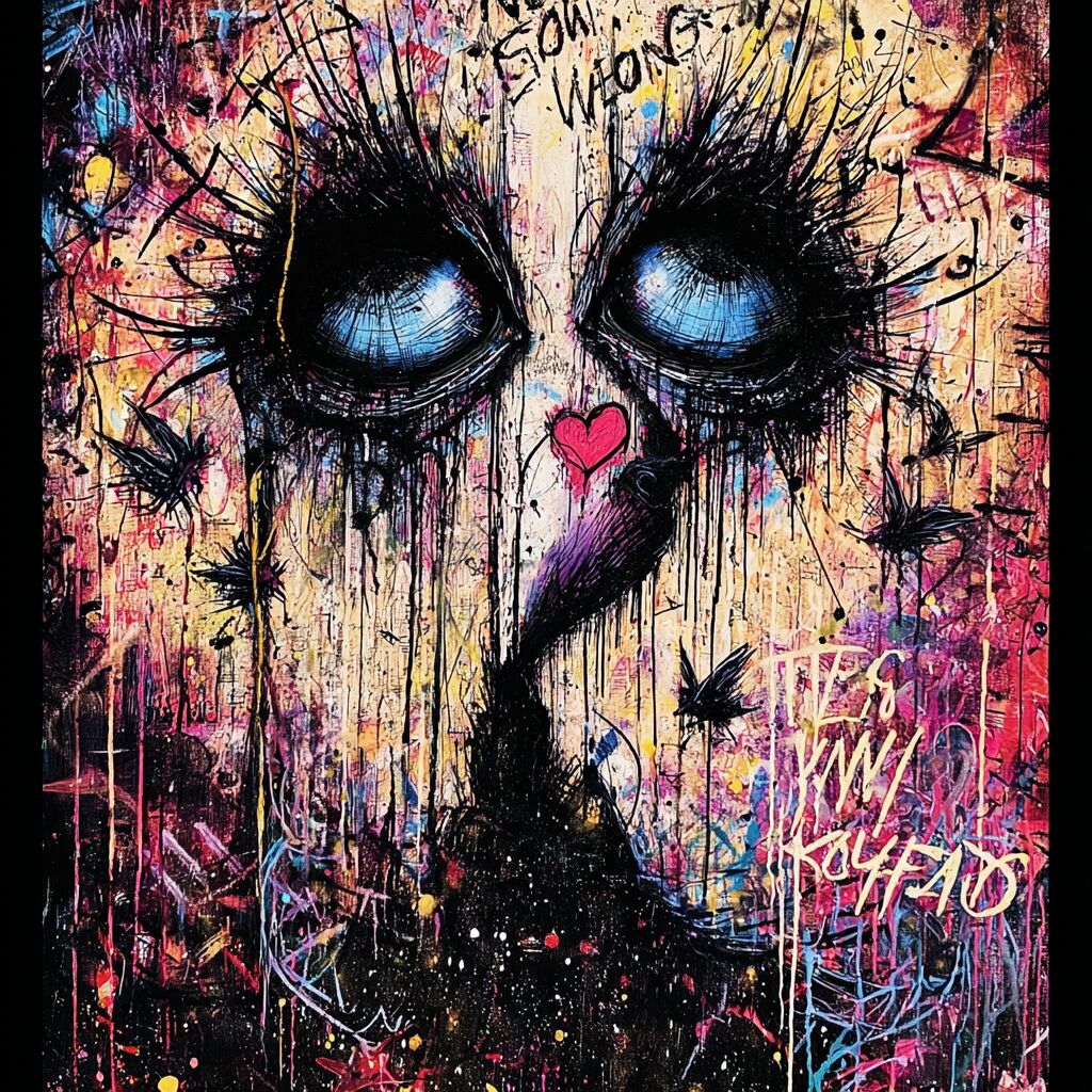 Dense paint-splattered journal ink page by XZanthia — big eyes, hearts and hand-lettered phrases (piece 18 of 24)