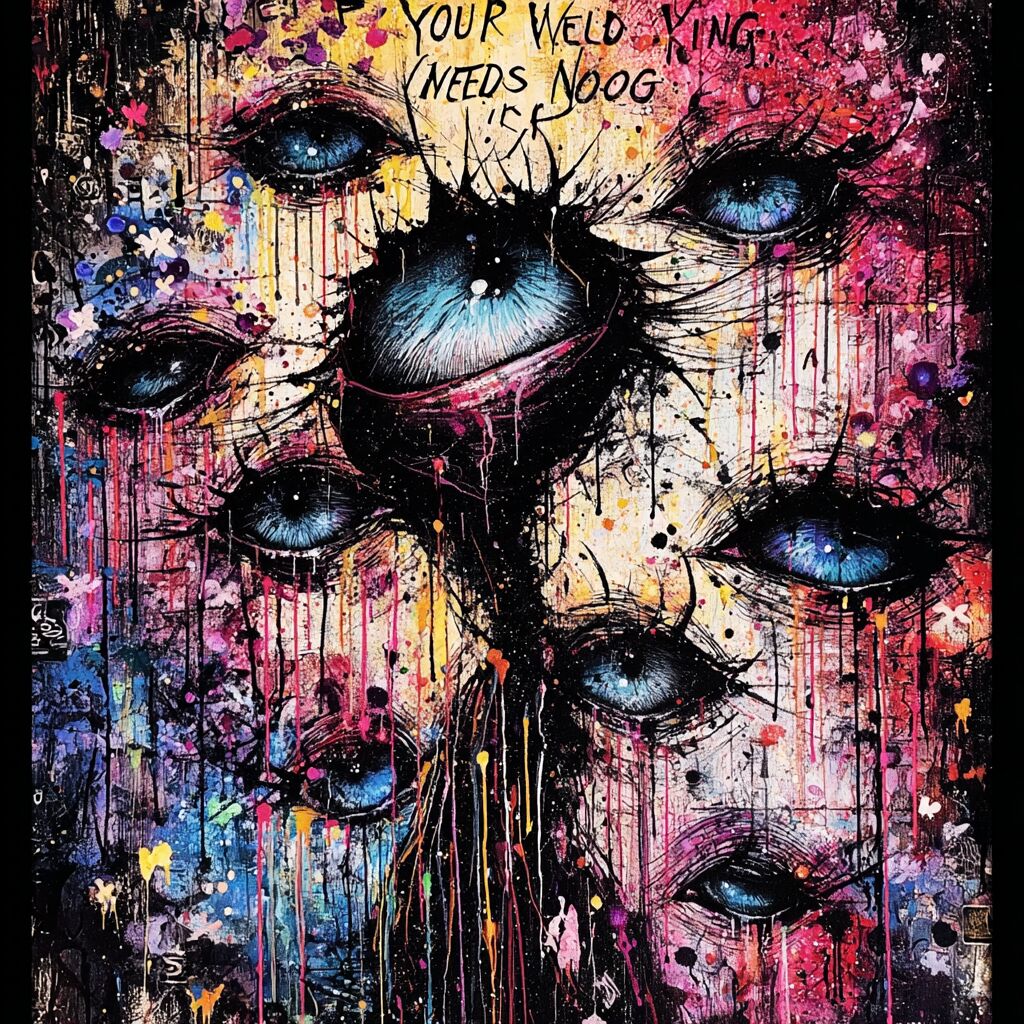 Dense paint-splattered journal ink page by XZanthia — big eyes, hearts and hand-lettered phrases (piece 19 of 24)