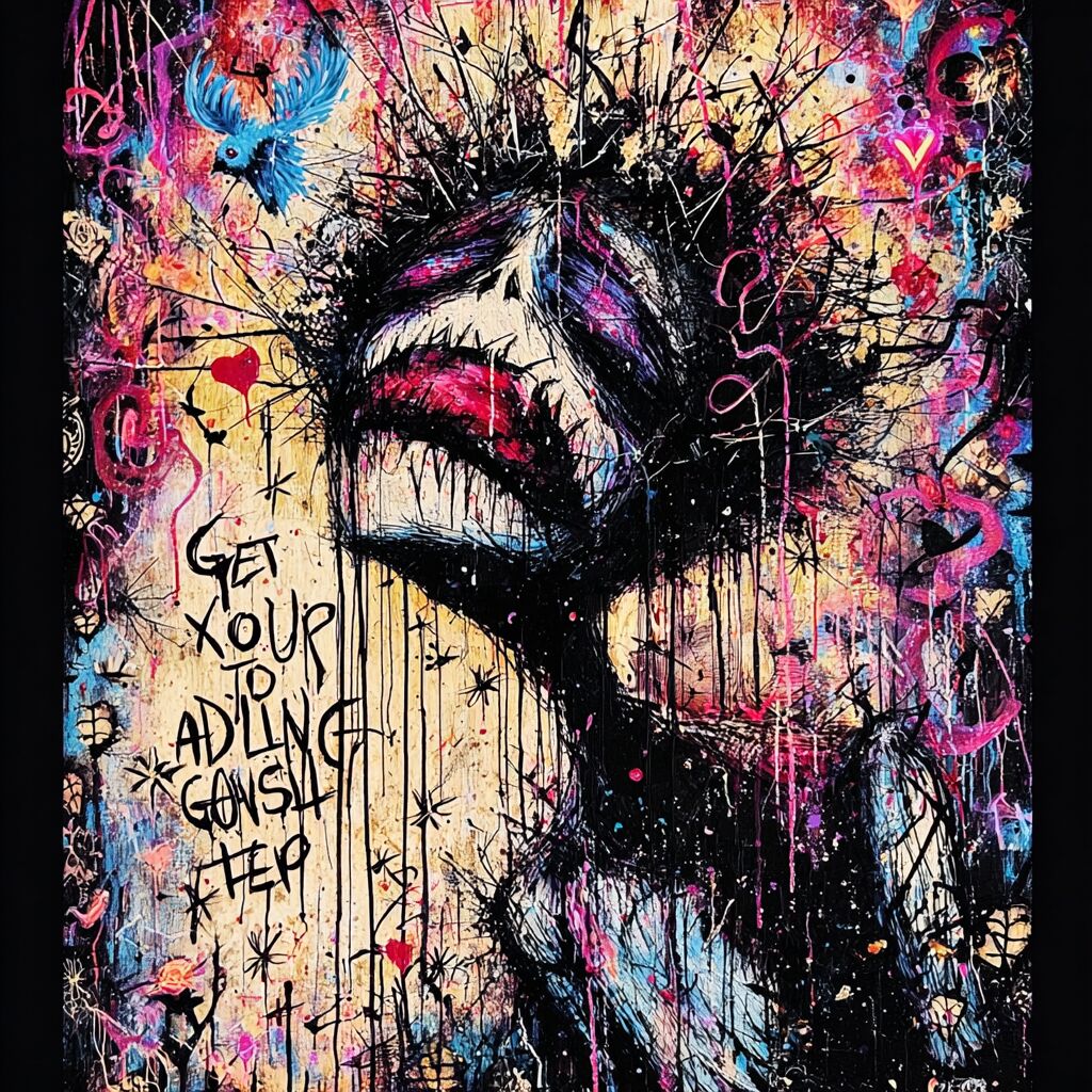 Dense paint-splattered journal ink page by XZanthia — big eyes, hearts and hand-lettered phrases (piece 20 of 24)