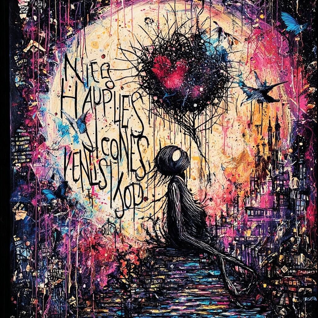 Dense paint-splattered journal ink page by XZanthia — big eyes, hearts and hand-lettered phrases (piece 21 of 24)