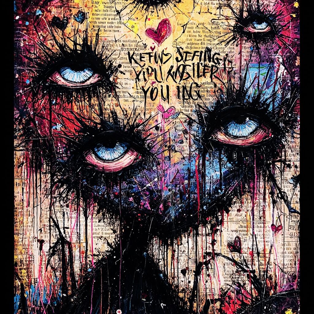 Dense paint-splattered journal ink page by XZanthia — big eyes, hearts and hand-lettered phrases (piece 22 of 24)