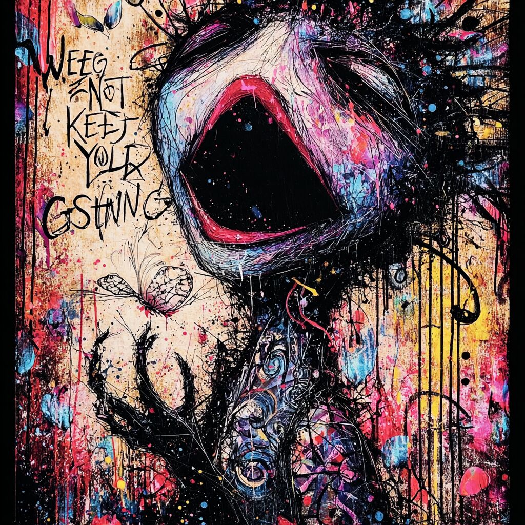 Dense paint-splattered journal ink page by XZanthia — big eyes, hearts and hand-lettered phrases (piece 23 of 24)