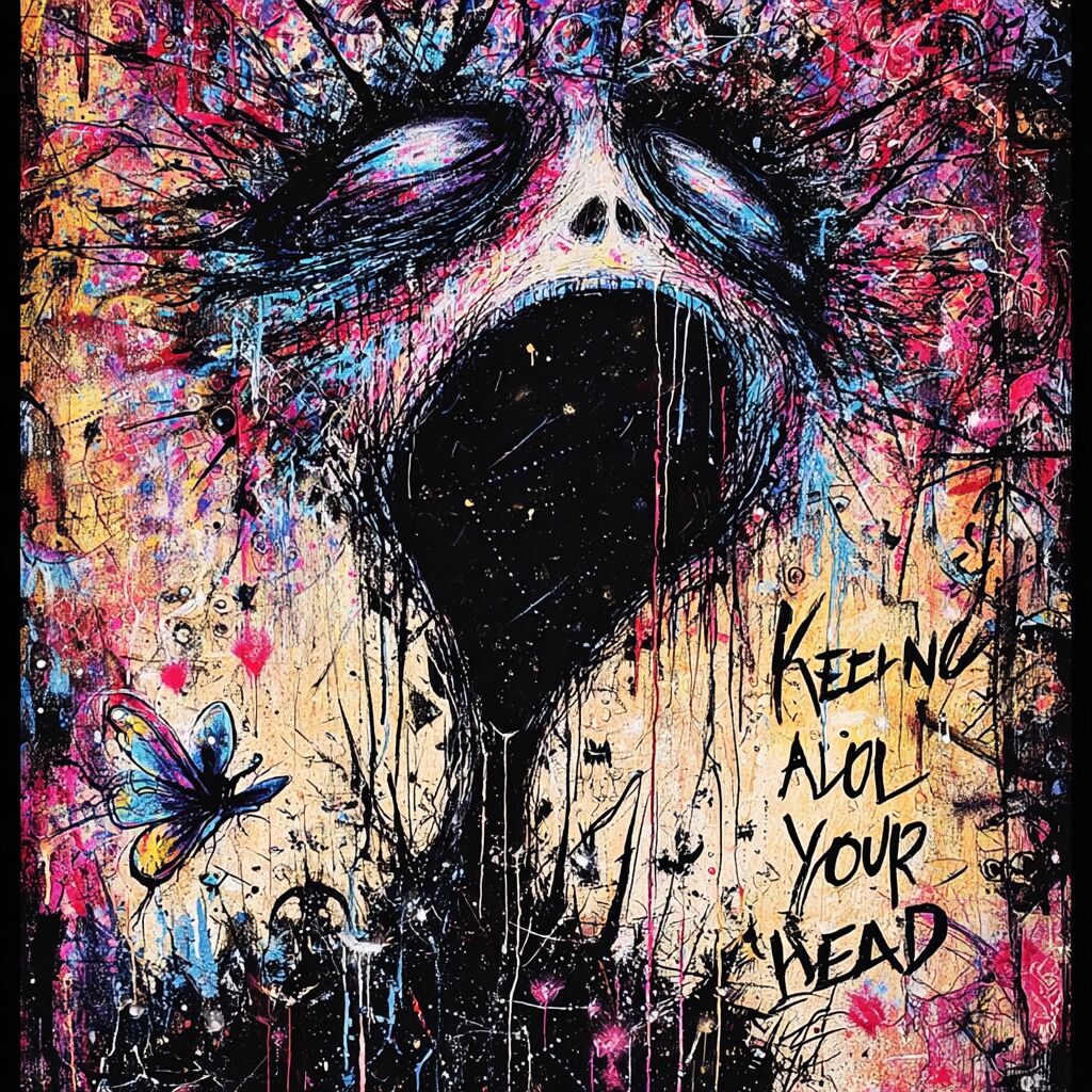 Dense paint-splattered journal ink page by XZanthia — big eyes, hearts and hand-lettered phrases (piece 24 of 24)