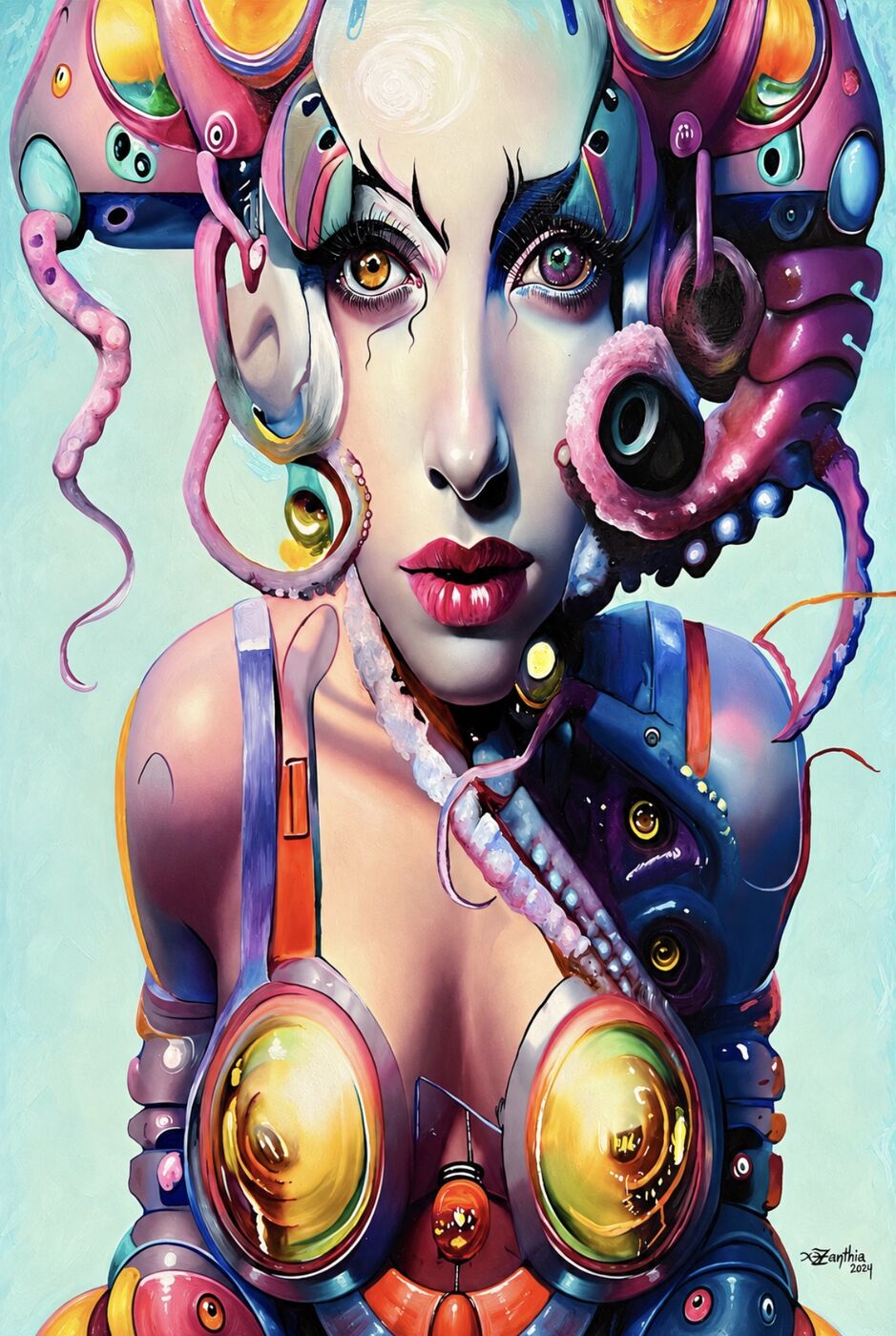 Surreal oil portrait by XZanthia — a biomechanical big-eyed woman with tentacle and gear details (piece 1 of 12)