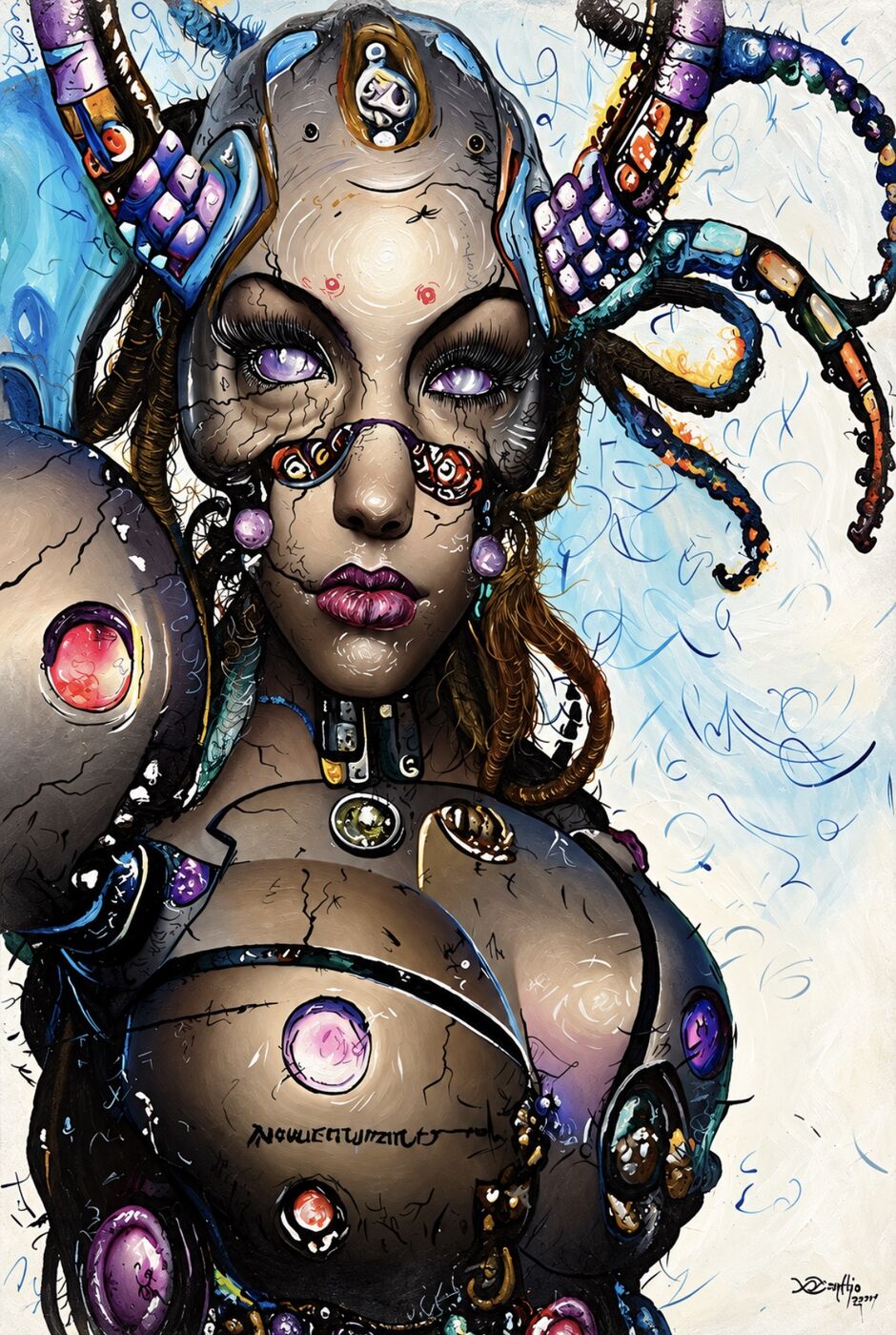 Surreal oil portrait by XZanthia — a biomechanical big-eyed woman with tentacle and gear details (piece 2 of 12)