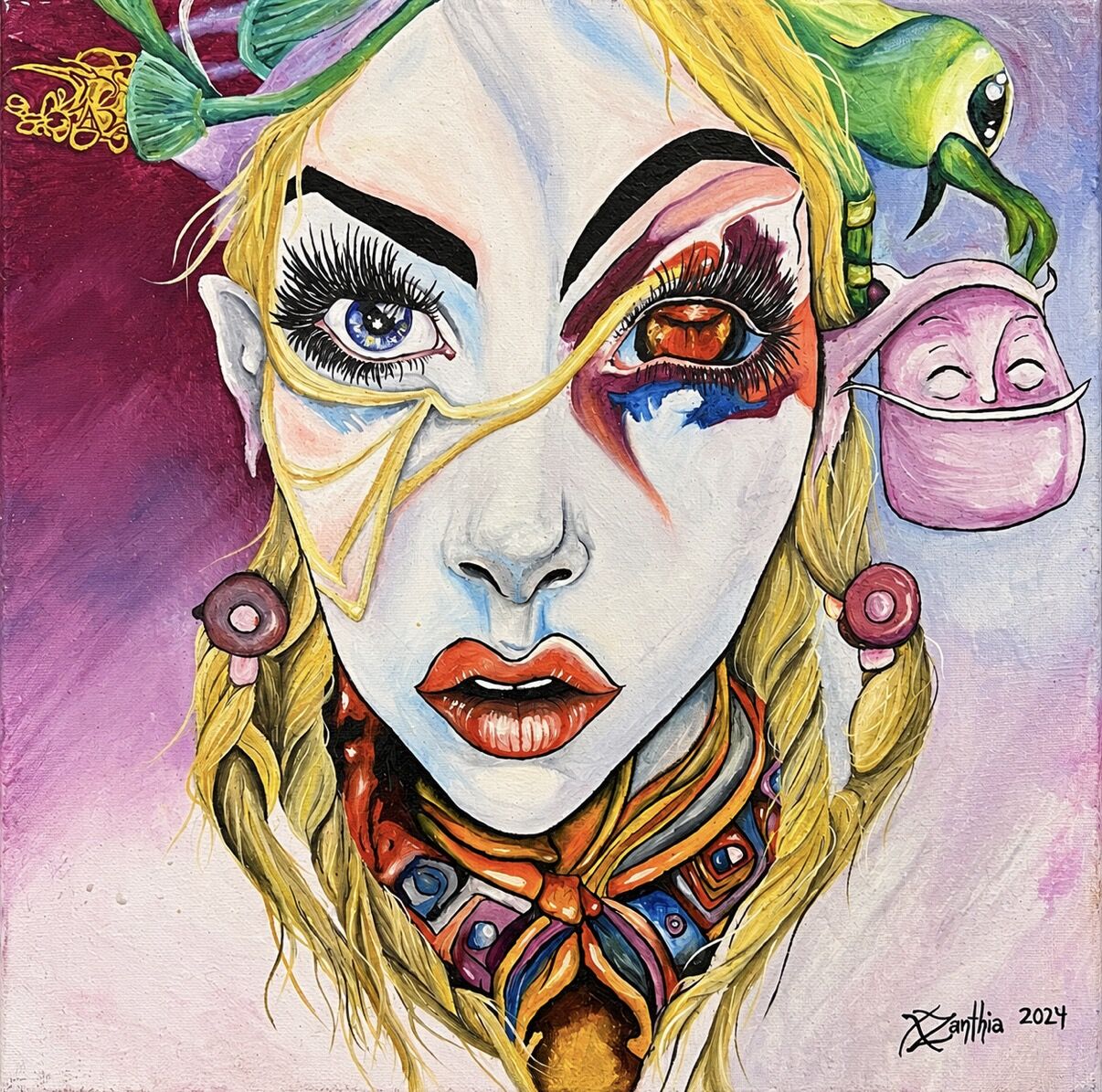 Surreal oil portrait by XZanthia — a biomechanical big-eyed woman with tentacle and gear details (piece 4 of 12)