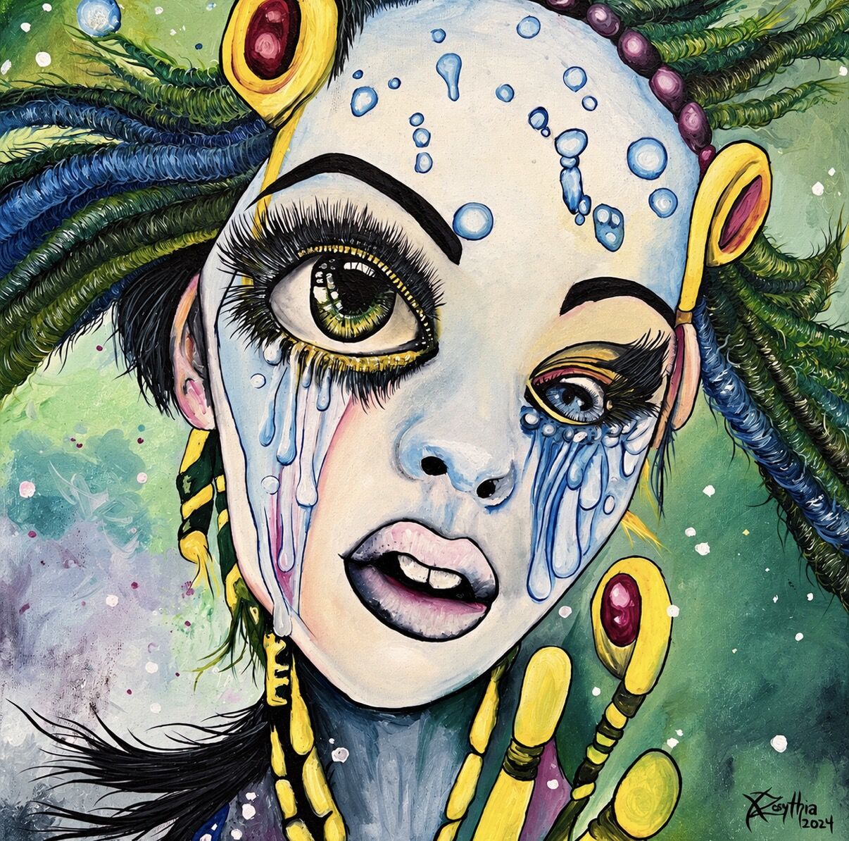 Oil portrait by XZanthia: a pale doll-faced woman crying blue paint