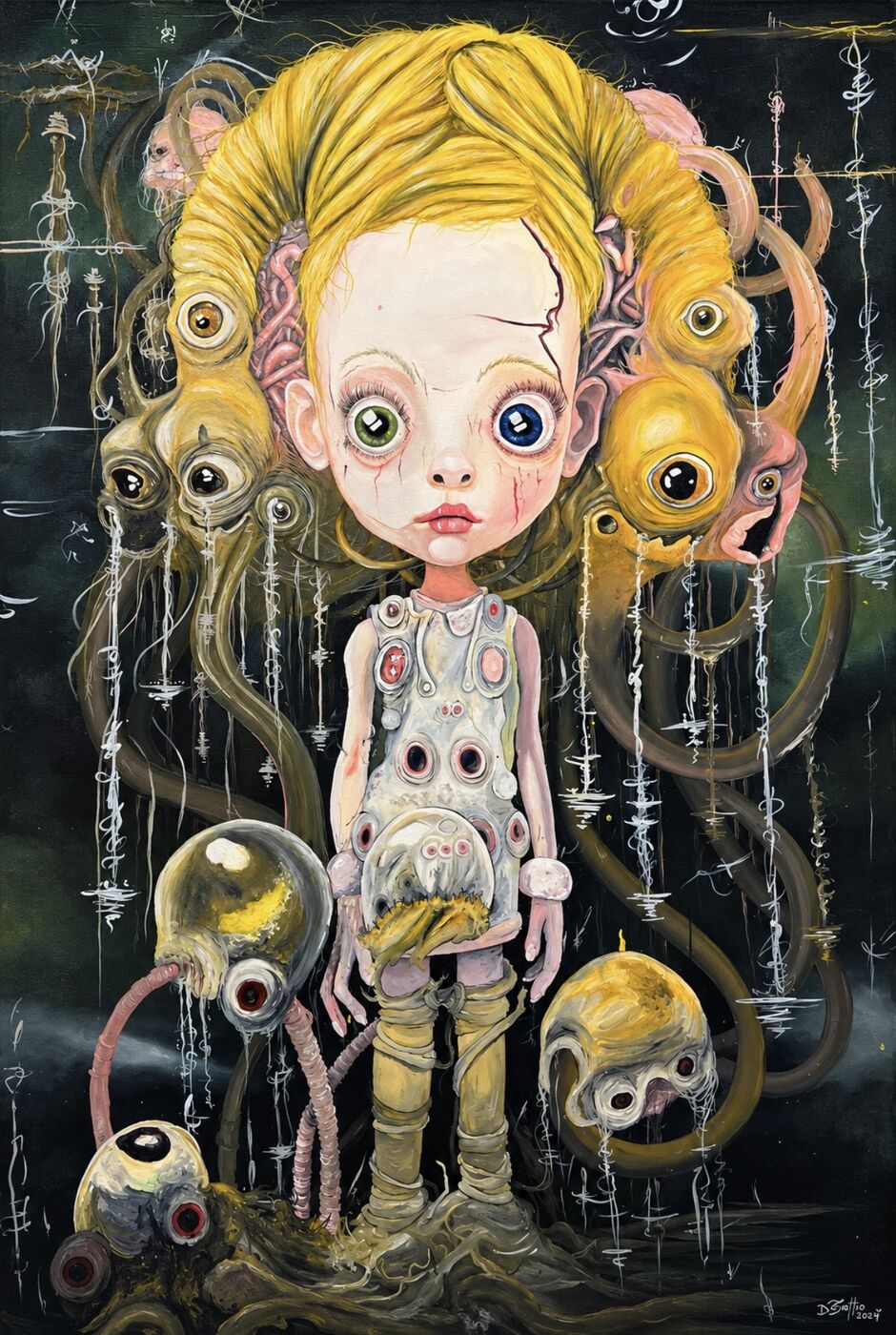Surreal oil portrait by XZanthia — a biomechanical big-eyed woman with tentacle and gear details (piece 6 of 12)
