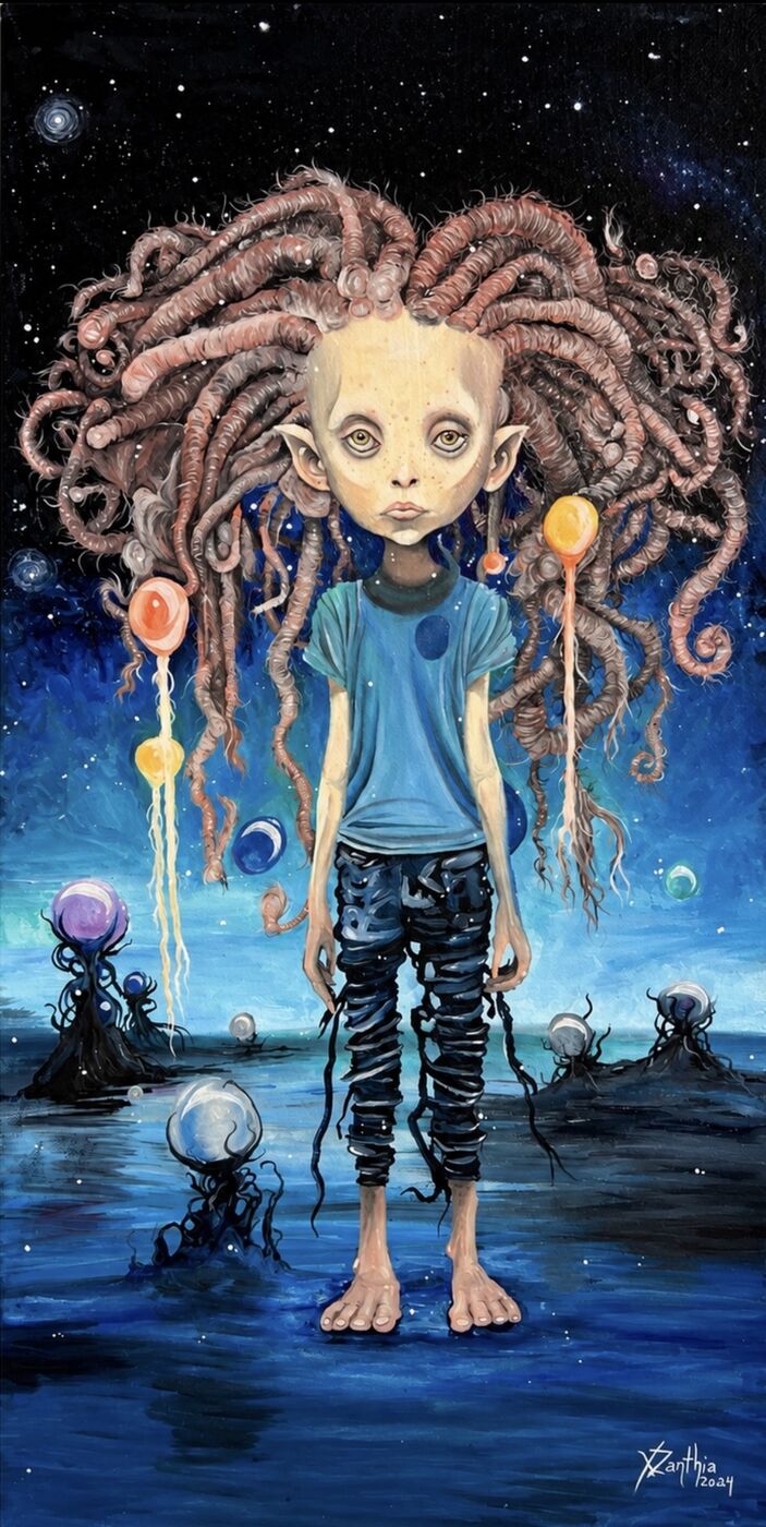 Surreal oil portrait by XZanthia — a biomechanical big-eyed woman with tentacle and gear details (piece 7 of 12)