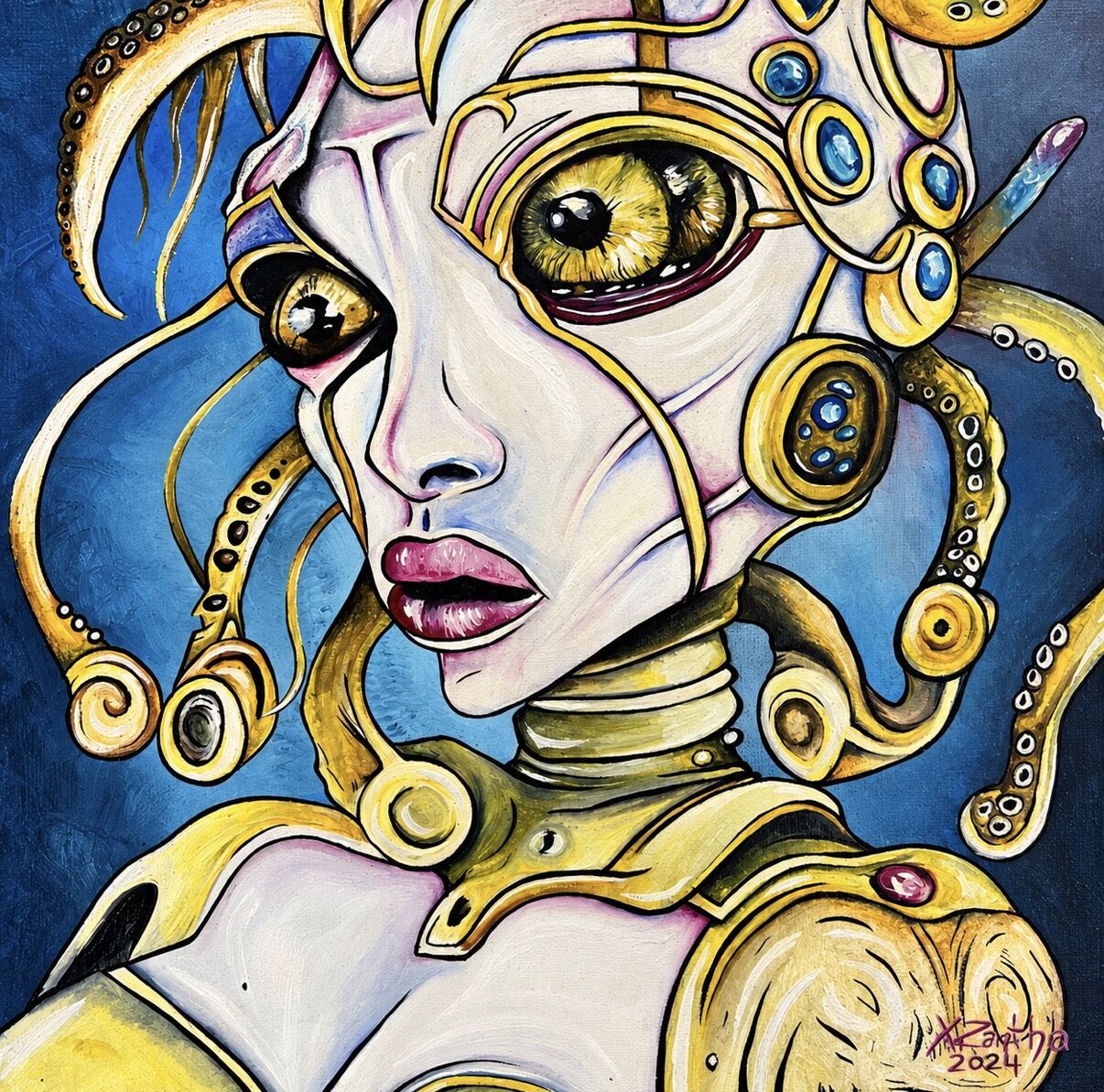 Oil painting by XZanthia: a golden biomechanical woman with a cat-eyed lens
