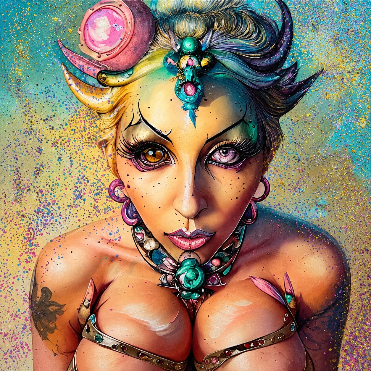 Surreal oil portrait by XZanthia — a biomechanical big-eyed woman with tentacle and gear details (piece 9 of 12)