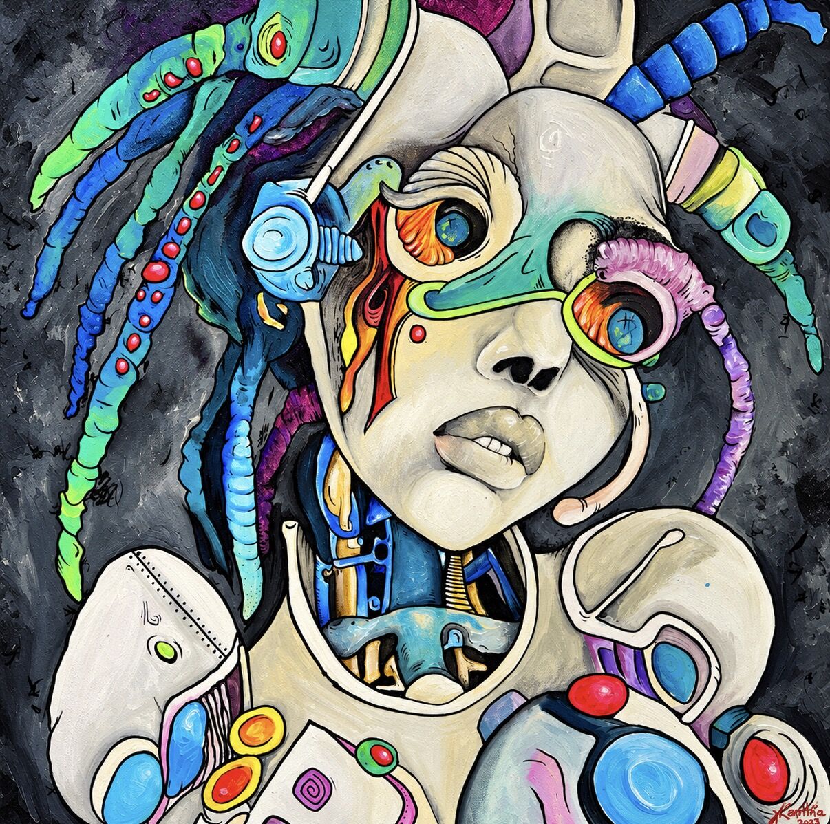 Surreal oil portrait by XZanthia — a biomechanical big-eyed woman with tentacle and gear details (piece 10 of 12)