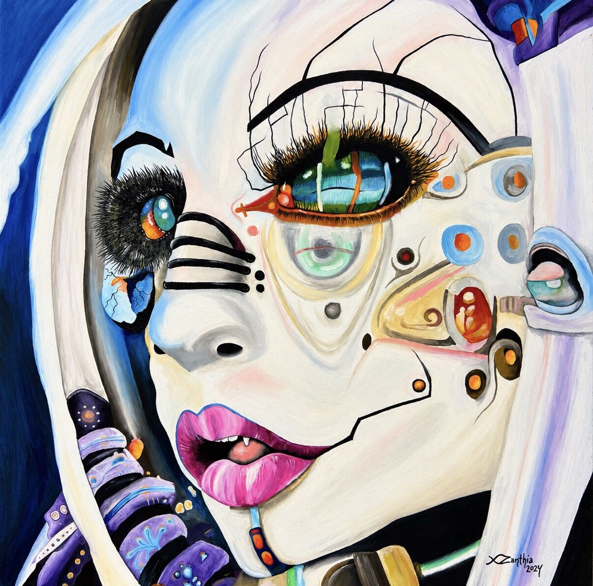 Oil portrait by XZanthia: a pale biomechanical face with a jeweled eye