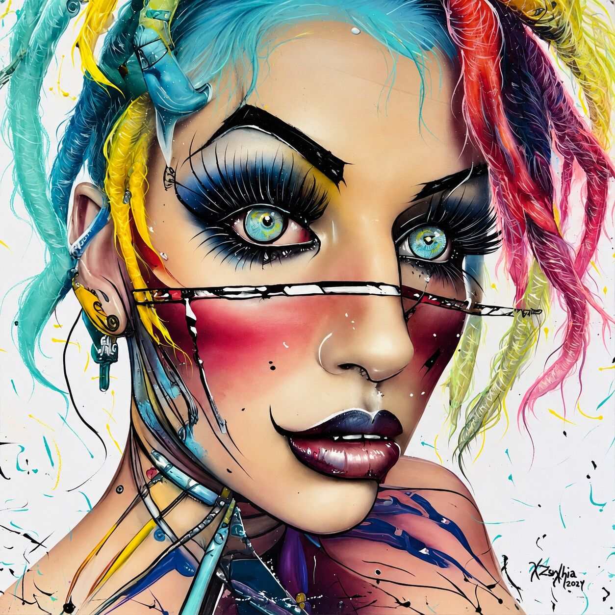 Oil portrait by XZanthia: a rainbow-haired woman with stitched face paint