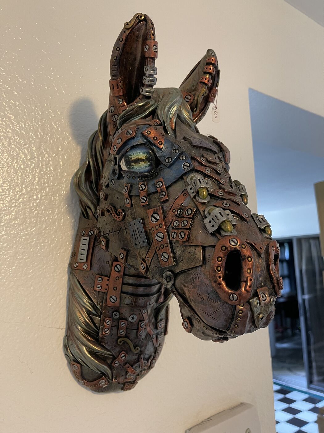 Sculpted steampunk animal-head wall mask by XZanthia — gears, metallic patina and a feather mane (piece 23 of 24)