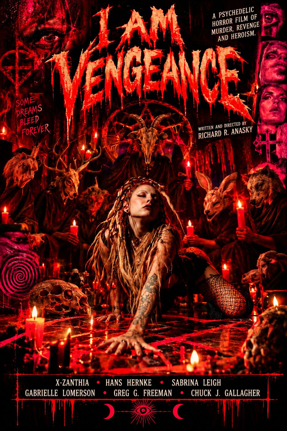 I Am Vengeance poster: a figure in a red ritual-candle chamber
