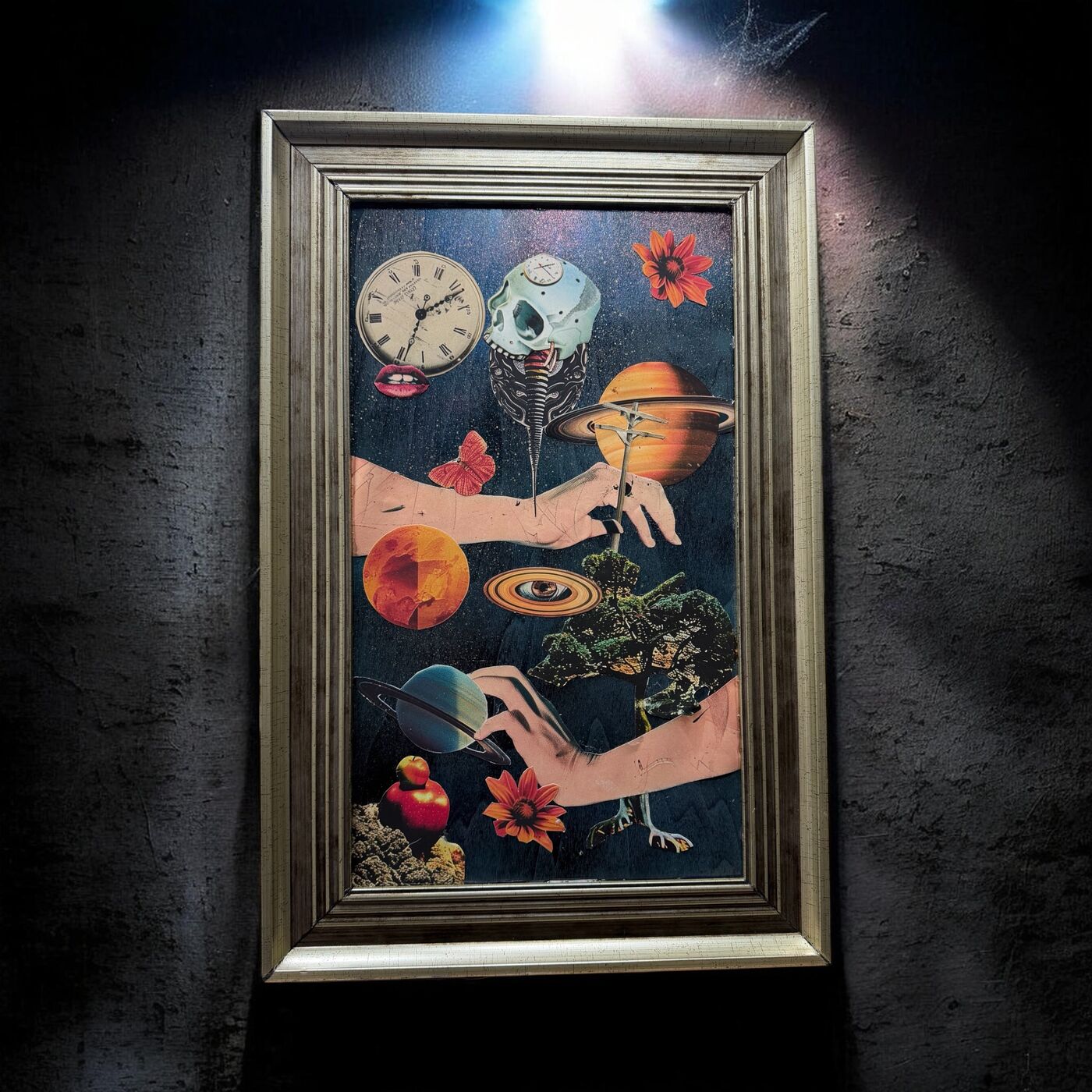 Framed dark mixed-media collage by XZanthia — skulls, eyes, clocks and floating islands (piece 2 of 9)