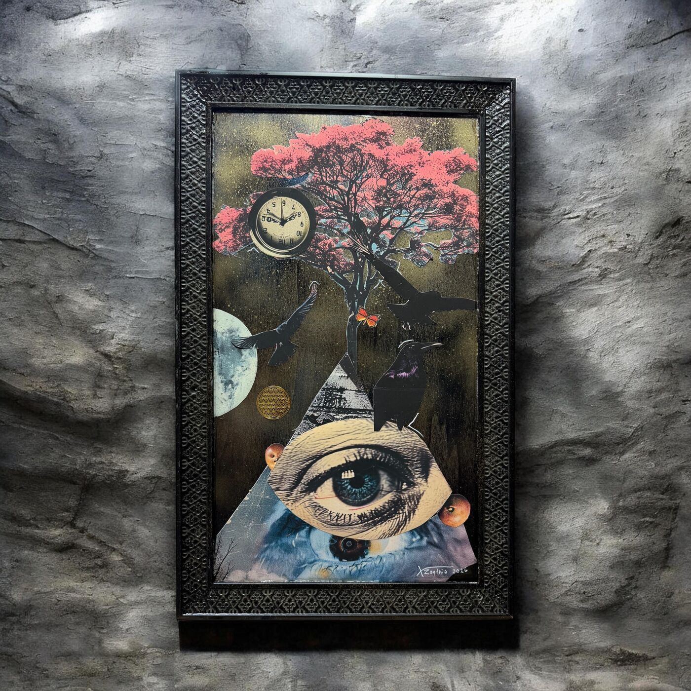 Framed dark mixed-media collage by XZanthia — skulls, eyes, clocks and floating islands (piece 4 of 9)