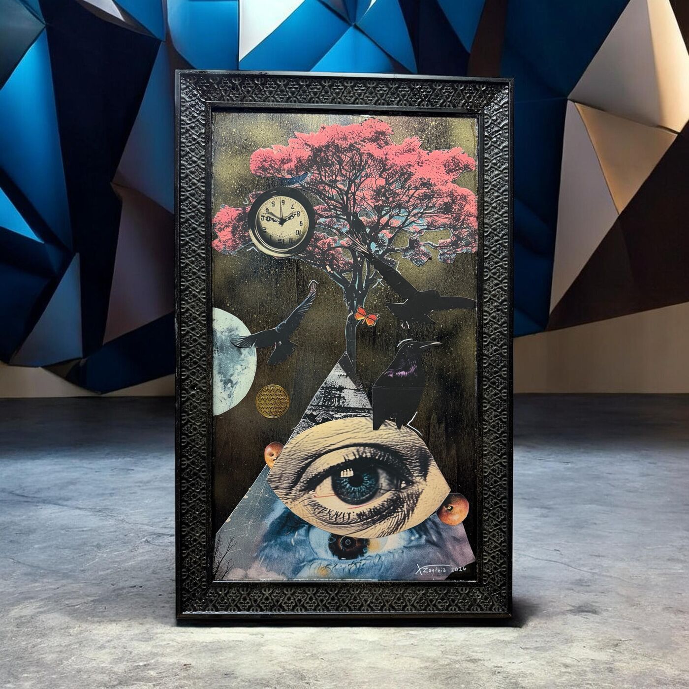 Framed dark mixed-media collage by XZanthia — skulls, eyes, clocks and floating islands (piece 5 of 9)