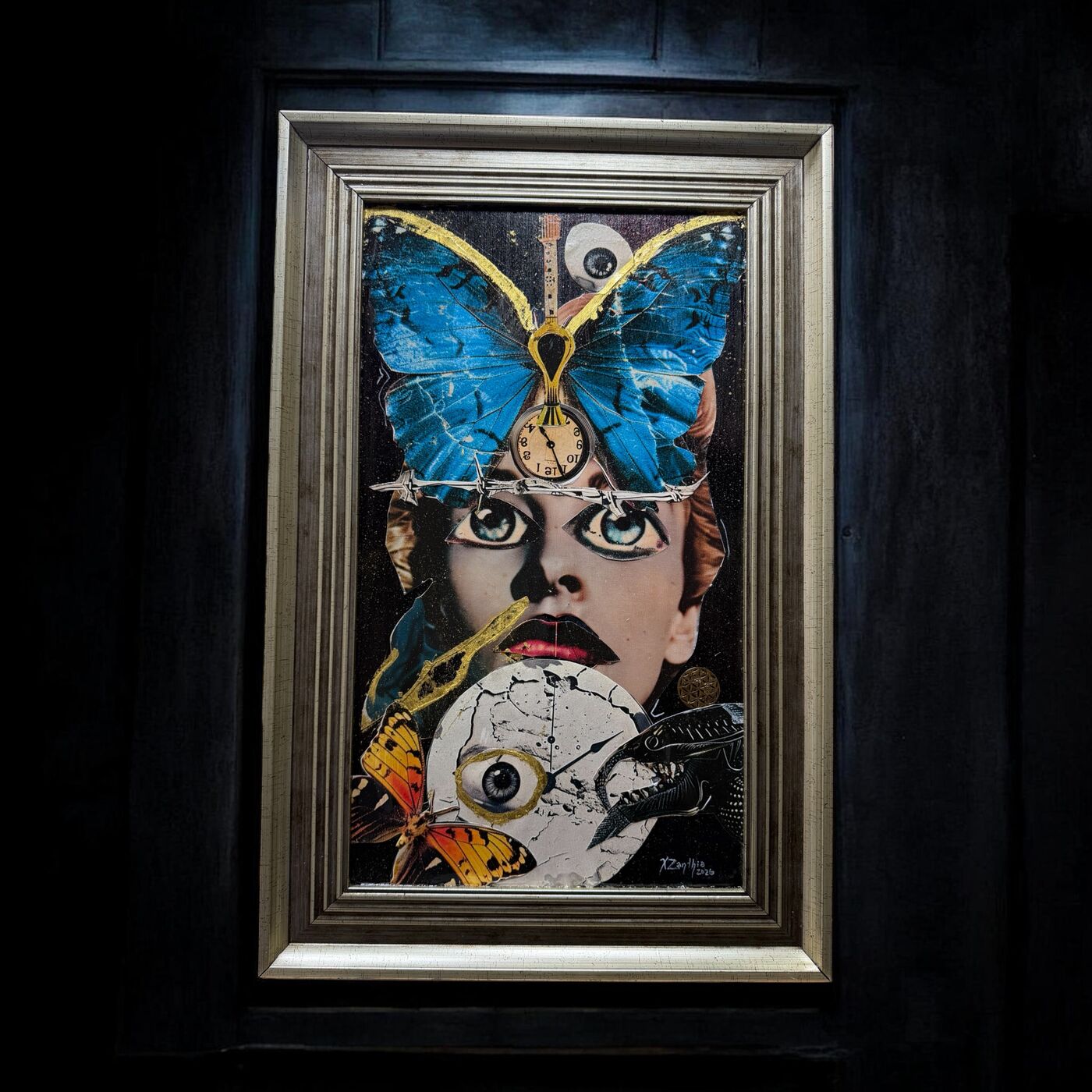 Framed dark mixed-media collage by XZanthia — skulls, eyes, clocks and floating islands (piece 6 of 9)