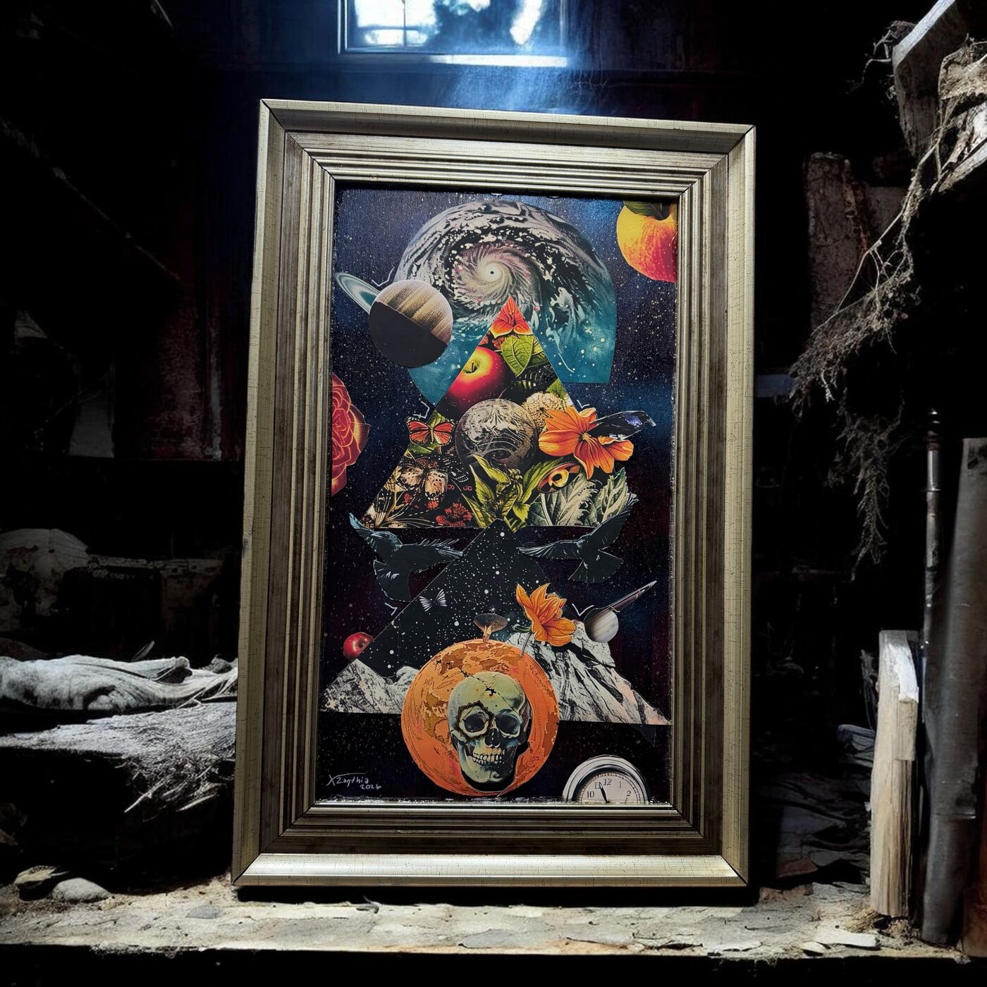 Framed dark mixed-media collage by XZanthia — skulls, eyes, clocks and floating islands (piece 7 of 9)