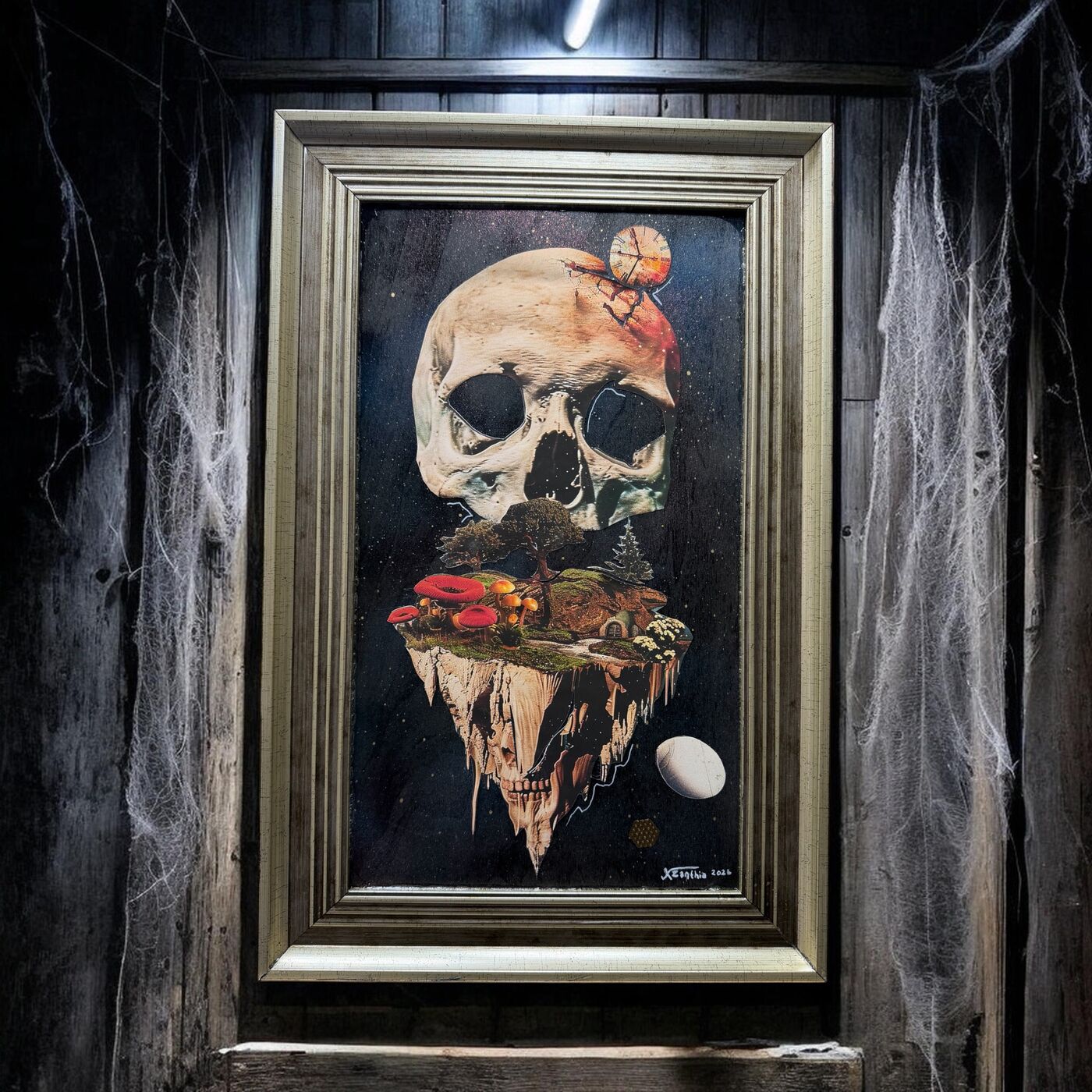 Framed dark mixed-media collage by XZanthia — skulls, eyes, clocks and floating islands (piece 8 of 9)