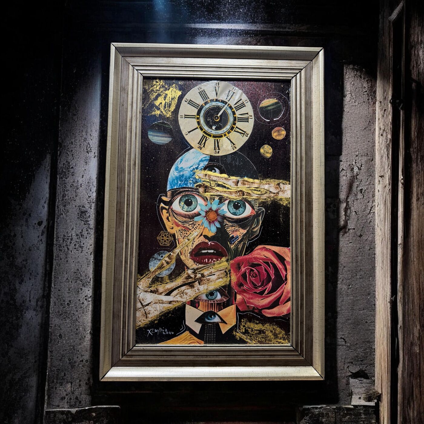 Framed dark mixed-media collage by XZanthia — skulls, eyes, clocks and floating islands (piece 9 of 9)