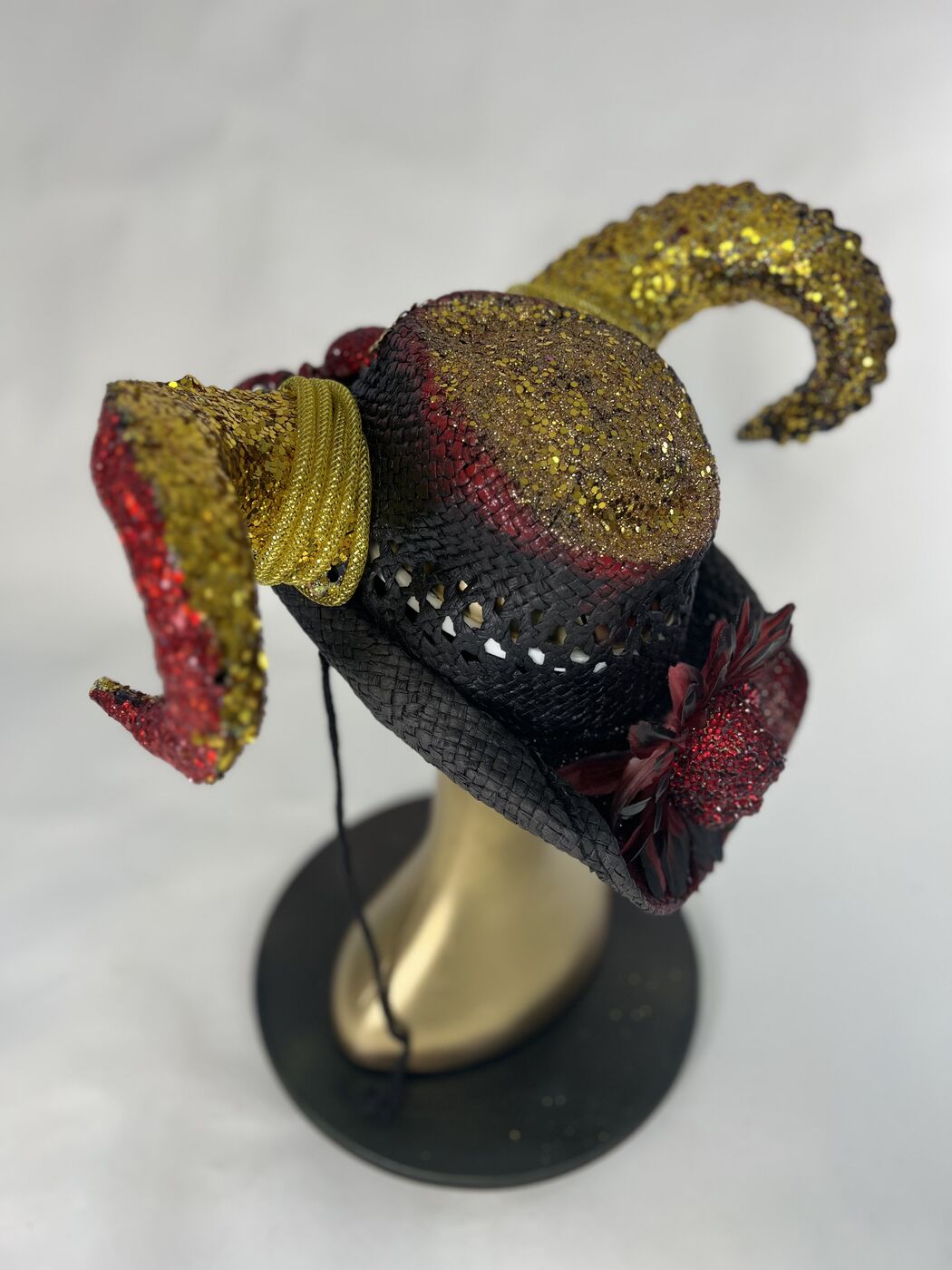 Handmade embellished top hat headpiece by XZanthia with horns and spikes, on a gold mannequin head (piece 9 of 15)