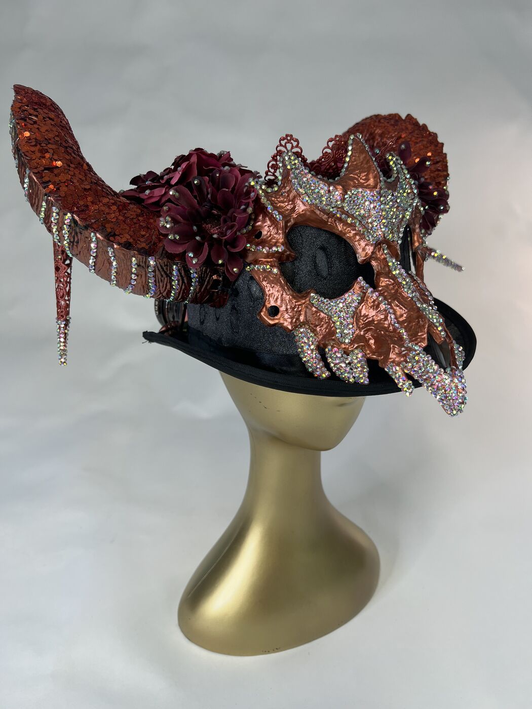 Handmade embellished top hat headpiece by XZanthia with horns and spikes, on a gold mannequin head (piece 10 of 15)