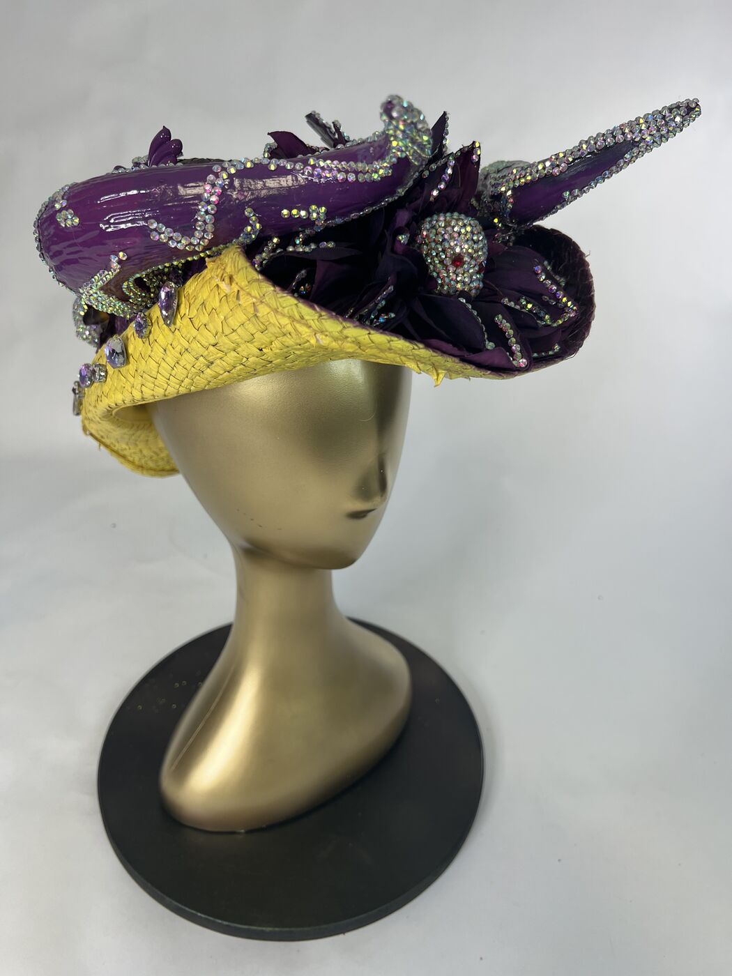 Handmade embellished top hat headpiece by XZanthia with horns and spikes, on a gold mannequin head (piece 12 of 15)