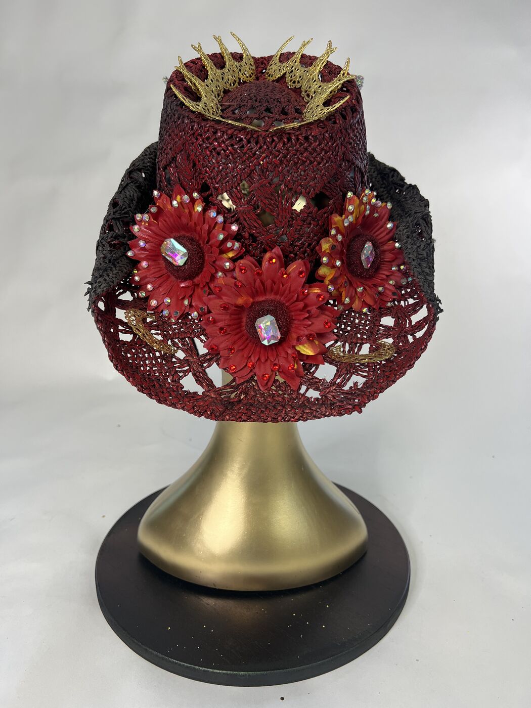 Handmade embellished top hat headpiece by XZanthia with horns and spikes, on a gold mannequin head (piece 14 of 15)