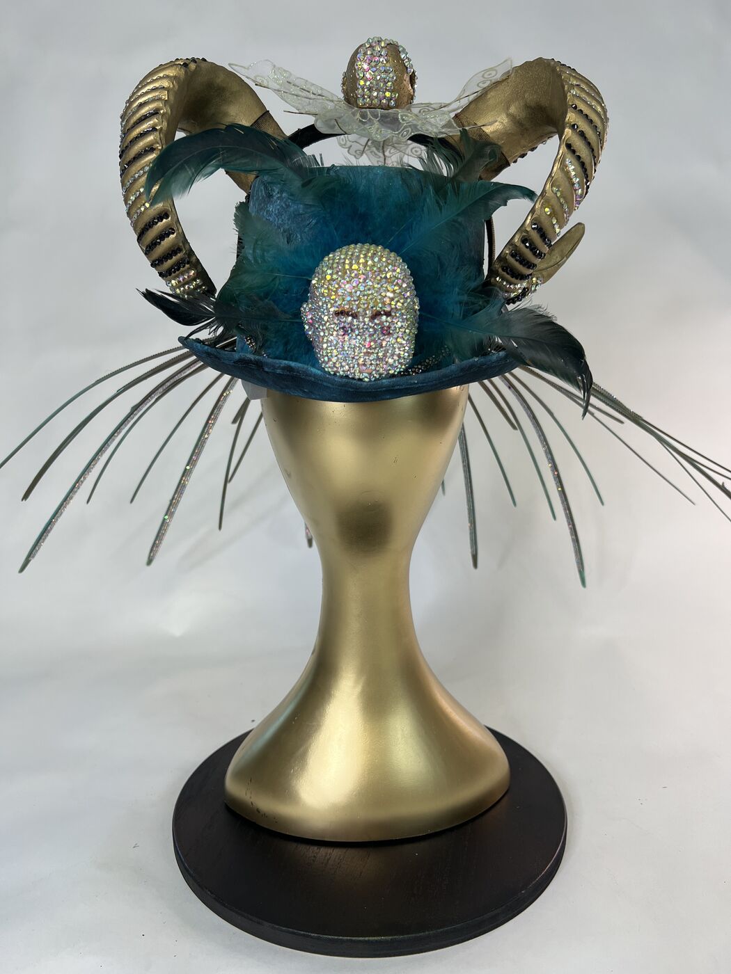 Handmade embellished top hat headpiece by XZanthia with horns and spikes, on a gold mannequin head (piece 15 of 15)